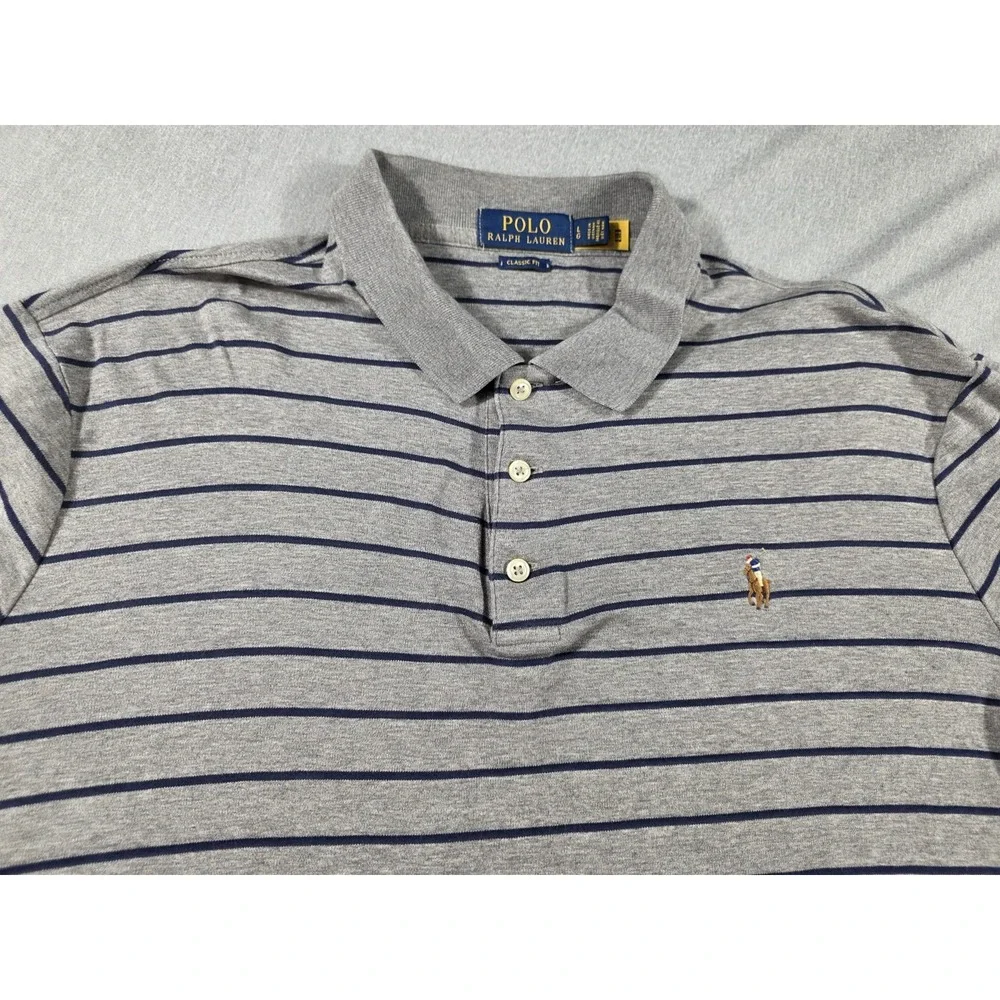 Polo Ralph Lauren Shirt S/S Large‎ Gray Blue Striped Classic Fit Flesh Pony
